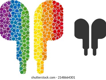 Compact earphones mosaic icon of round dots in different sizes and spectrum colored color hues. A dotted LGBT-colored compact earphones for lesbians, gays, bisexuals, and transgenders.