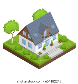 A compact eco house, with solar panels on roof, with an attic, a bay window in the day area and a study on the first floor. Isometric private house vector illustration.