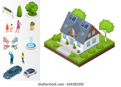 A compact eco house, with solar panels on roof, with an attic, a bay window in the day area and a study on the first floor. Isometric private house vector illustration.