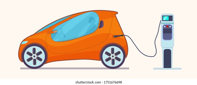 Auto eléctrico compacto. El auto eléctrico está cargando, vista lateral. Ilustración plana del vector