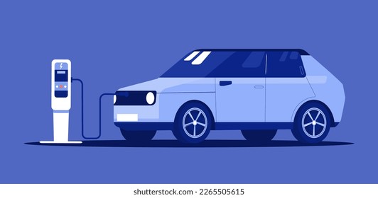 Compact electric car on charge isolated. Vector illustration.