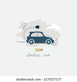 coche eléctrico compacto con enchufe para carga. Máquina ecológica con energía renovable. Ilustración vectorial. Dibujando para carteles, afiches o medios sociales.