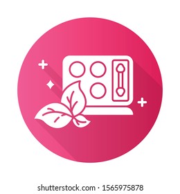 Compact eyeshadow palette pink flat design long shadow glyph icon. Eye shadows makeup kit. Visage beauty aid item. Beauty product. Hypoallergenic organic cosmetics. Vector silhouette illustration