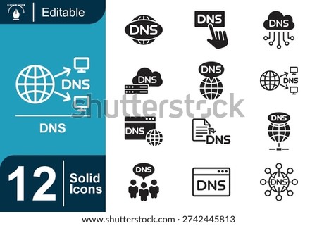 Compact filled DNS icons depicting domain management, server configuration, cloud systems and network communication built for cybersecurity platforms and hosting interfaces.