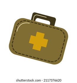 Compact first aid kit for travel and adventure. Camouflage case with medication icon. Flat vector illustration isolated on white background