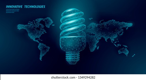 Compact fluorescent lamp energy saving concept. Polygonal low poly world planet globe map. Eco save ecology environment green energy power concept banner vector illustration