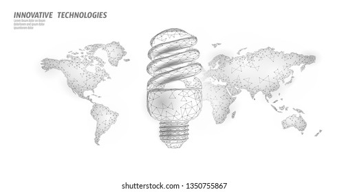 Compact fluorescent lamp energy saving concept. Polygonal low poly world planet globe map. Eco save ecology environment green energy power concept banner vector illustration