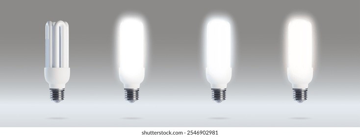 Lâmpadas fluorescentes compactas isoladas no fundo. Vetor ilustração realista de luz cfl ligado e desligado com sombra, economia de energia casa ou equipamento de iluminação de escritório, tecnologia moderna