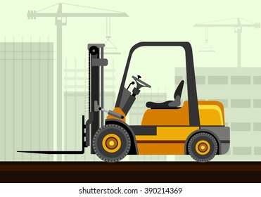 Compact forklift industrial crane with construction background. Side view crane vector illustration