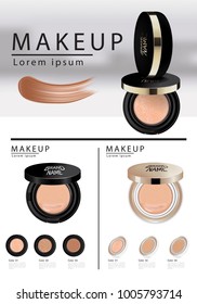 Compact foundation ads, attractive makeup essential product with texture isolated on glitter background, 3d illustration
