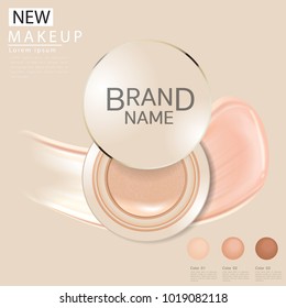 Compact foundation ads, attractive makeup essential product with texture isolated on glitter background, 3d illustration