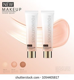 Compact foundation ads, attractive makeup essential product with texture isolated on glitter background, 3d illustration