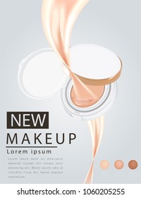 Compact foundation ads, attractive makeup essential product with texture isolated on glitter background, 3d illustration