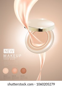 Compact foundation ads, attractive makeup essential product with texture isolated on glitter background, 3d illustration