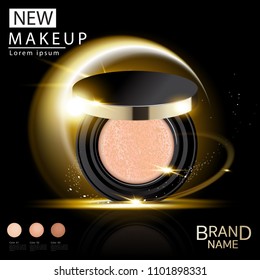 Compact foundation ads, attractive makeup essential product with texture isolated on glitter background, 3d illustration