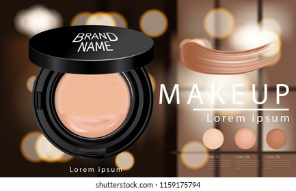 Compact foundation ads, attractive makeup essential product with texture isolated on glitter background, 3d illustration