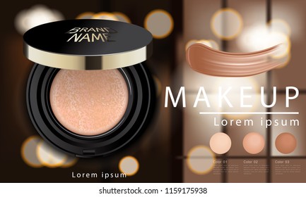 Compact foundation ads, attractive makeup essential product with texture isolated on glitter background, 3d illustration
