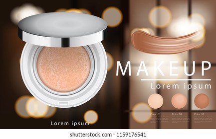 Compact foundation ads, attractive makeup essential product with texture isolated on glitter background, 3d illustration