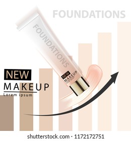 Compact foundation ads, attractive makeup essential product with texture isolated on glitter background, 3d illustration