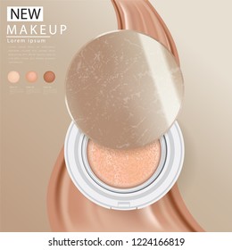 Compact foundation ads, attractive makeup essential product with texture isolated on glitter background, 3d illustration