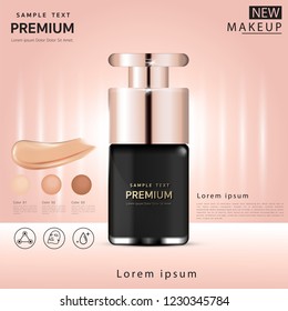 Compact foundation ads, attractive makeup essential product with texture, 3d illustration
