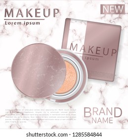 Compact foundation ads, attractive makeup essential product with texture isolated on glitter background, 3d illustration