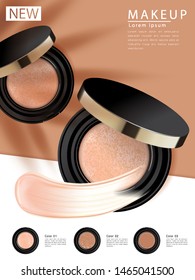 Anuncios de base compactos, producto esencial de maquillaje atractivo con textura aislada en segundo plano, ilustración 3d