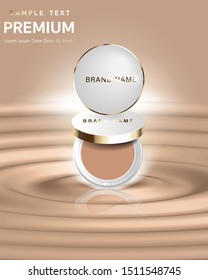 Compact foundation ads, attractive makeup essential product with texture isolated on glitter background, 3d illustration