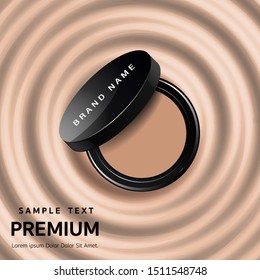 Compact foundation ads, attractive makeup essential product with texture isolated on glitter background, 3d illustration