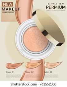 Compact foundation ads, attractive makeup essential product with texture isolated on glitter background, 3d illustration