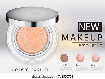 Compact foundation ads, attractive makeup essential product with texture isolated on glitter  background, 3d illustration