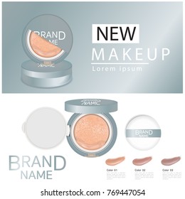 Compact foundation ads, attractive makeup essential product with texture isolated on glitter background, 3d illustration