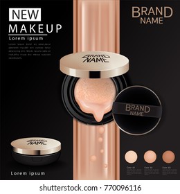 Compact foundation ads, attractive makeup essential product with texture isolated on glitter background, 3d illustration