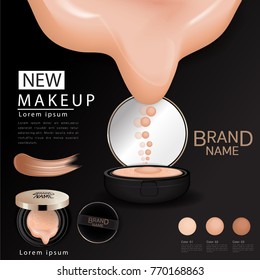 Compact foundation ads, attractive makeup essential product with texture isolated on glitter background, 3d illustration
