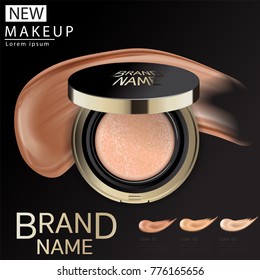 Compact foundation ads, attractive makeup essential product with texture isolated on glitter background, 3d illustration