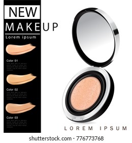 Compact foundation ads, attractive makeup essential product with texture isolated on glitter background, 3d illustration