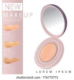 Compact foundation ads, attractive makeup essential product with texture isolated on glitter background, 3d illustration