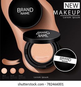 Compact foundation ads, attractive makeup essential product with texture isolated on glitter background, 3d illustration