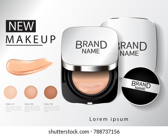 Compact foundation ads, attractive makeup essential product with texture isolated on glitter background, 3d illustration