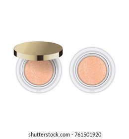 Compact foundation ads Gold, attractive makeup essential product with texture isolated on glitter background, 3d illustration