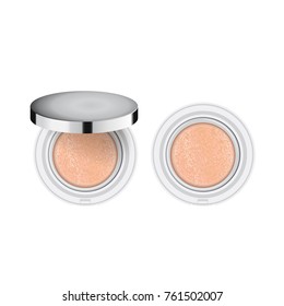 Compact foundation ads silver, attractive makeup essential product with texture isolated on glitter background, 3d illustration