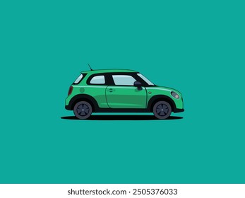 Compact green car with black wheels and mirrors, short antenna, on teal background, simple and modern design.