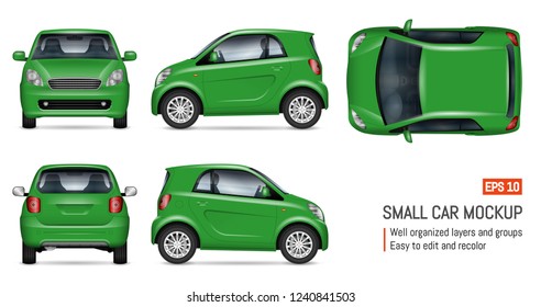 Compact green car vector mockup on white for vehicle branding, corporate identity. View from side, front, back, and top. All elements in the groups on separate layers for easy editing and recolor