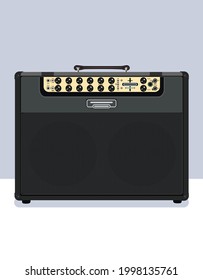 Compact Guitar Amplifier And Speaker In Vector. Illustration On The Theme Of Rock Jazz Blues Music. Combo For Guitarist And Bass Player. Active Speaker System.