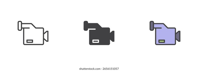 Video Conjunto de iconos de estilo diferente de cámara de mano compacta. Incluye línea, sólido y colorido icono de contorno lleno. Signo de Vector Video de mano, símbolo de la videocámara e ícono.