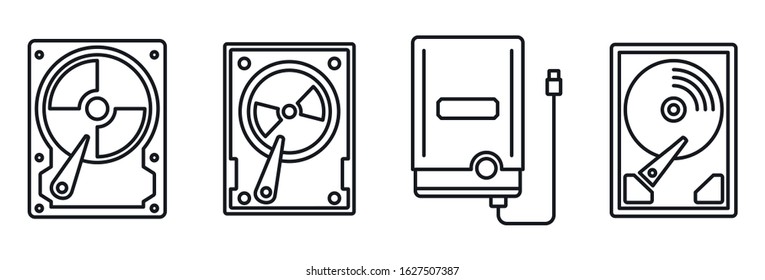 Compact hard disk icons set. Outline set of compact hard disk vector icons for web design isolated on white background