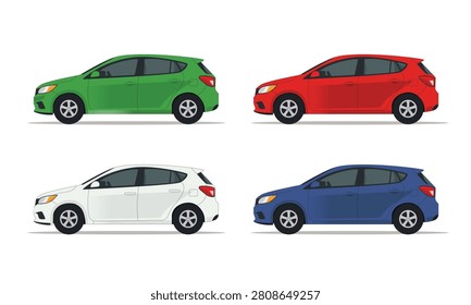 Compact Hatchback Car Collection in Multiple Colors Side View Illustration