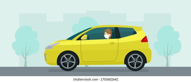 Compact Hatchback Car With A Young Woman In Medical Mask Driving On A Background Of Abstract Cityscape. Vector Flat Style Illustration.