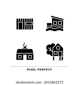 Compact houses black glyph icons set on white space. Modular and container homes. Treehouse for recreation. houseboat. Silhouette symbols. Solid pictogram pack. Vector isolated illustration