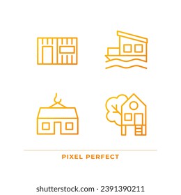 Compact houses pixel perfect gradient linear vector icons set. Modular, container homes. Treehouse for recreation. Thin line contour symbol designs bundle. Isolated outline illustrations collection